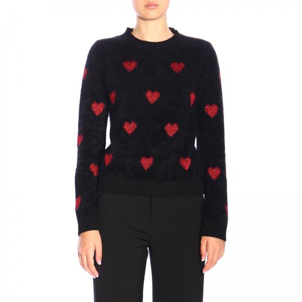 RED VALENTINO: pullover with maxi hearts in lurex jacquard - Black ...