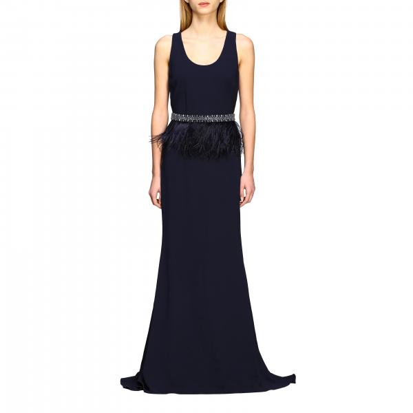 Lungo senza maniche crepe con cintura strass e piume