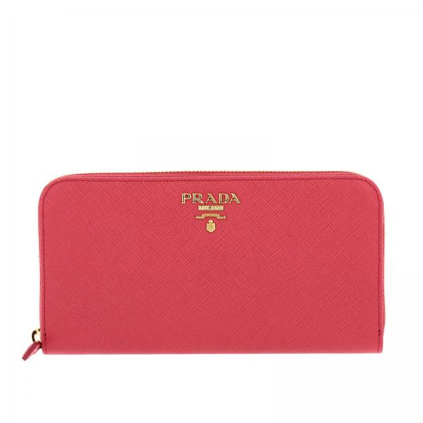 PRADA: continental zip around wallet in saffiano leather with metal