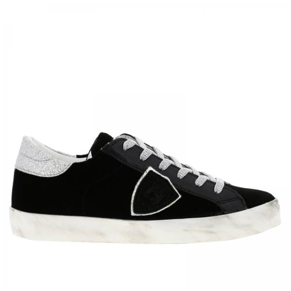Sneakers Paris stringata in velluto e pelle con tallone glitter