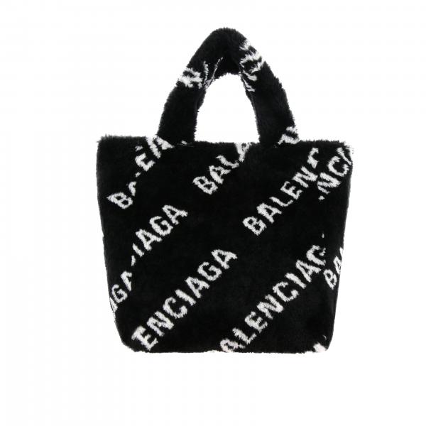 Borsa Everyday tote Balenciaga in pelliccia sintetica con logo all over