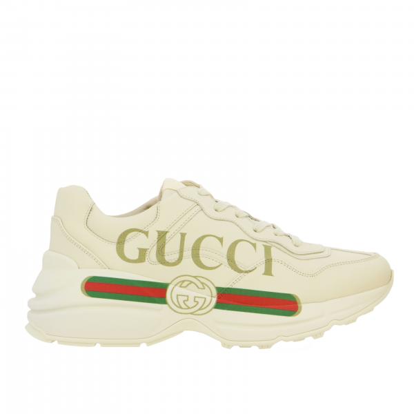 GUCCI: Rhyton leather sneakers with maxi logo print - White | Gucci ...