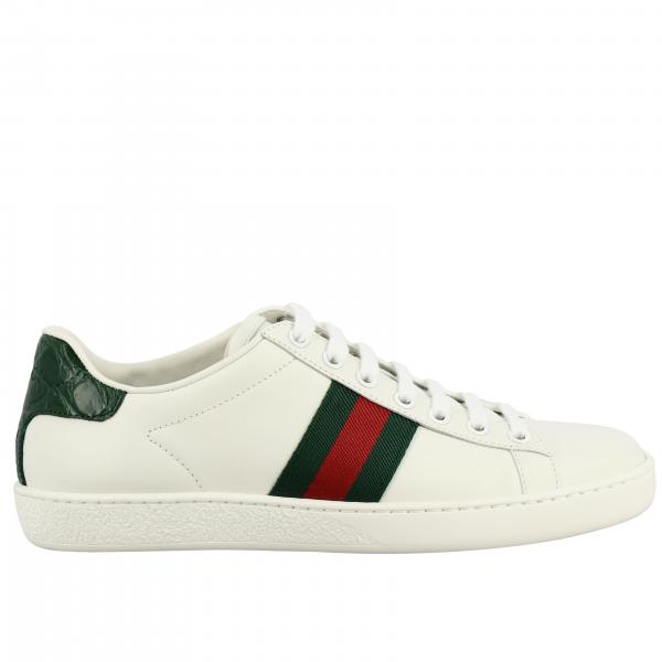 GUCCI: New Ace sneakers in leather with Web bands - White | Gucci ...