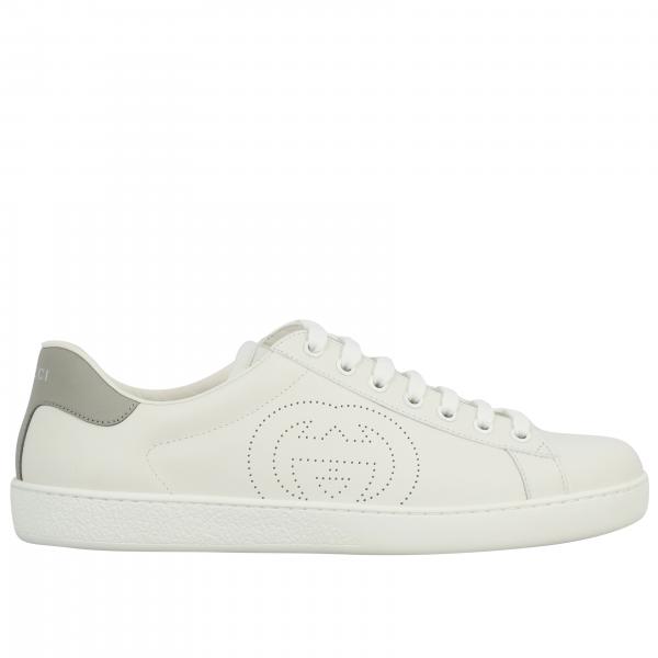 GUCCI: New Ace leather sneakers with perforated logo - White | Gucci ...