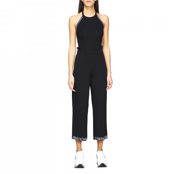 Armani Exchange jumpsuit with American neckline in ribbed knit with logo