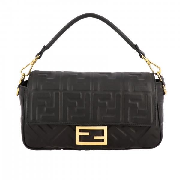 FENDI: Baguette bag in leather with embossed logo - Black | Fendi ...