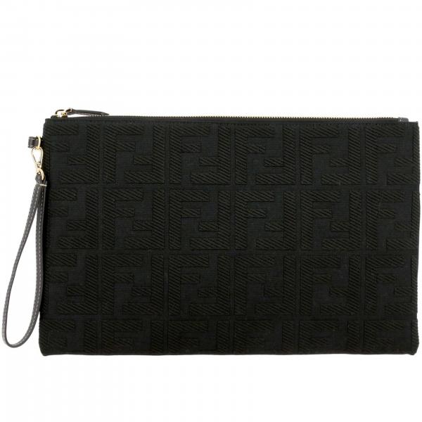 FENDI: Large clutch bag in canvas with all over FF monogram - Black ...