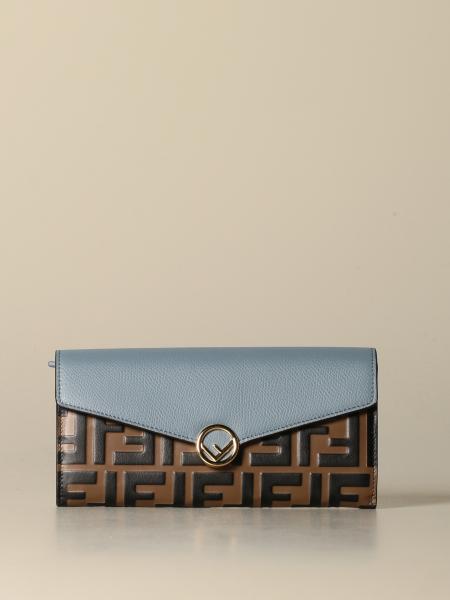 FENDI: continental wallet in leather with embossed FF monogram - Black ...