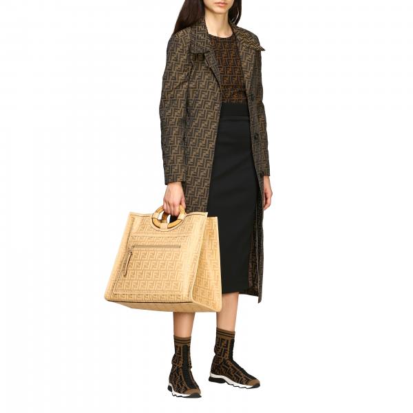 FENDI: long trench coat in canvas with all over FF monogram - Brown ...
