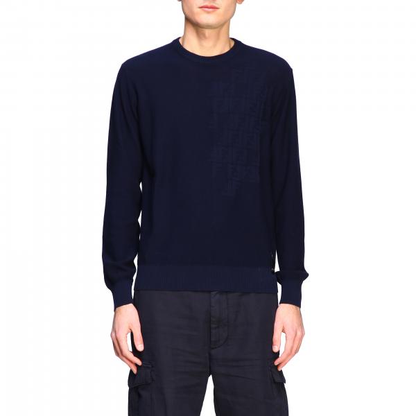 FENDI: cotton sweater with FF monogram in jacquard - Blue | Fendi ...