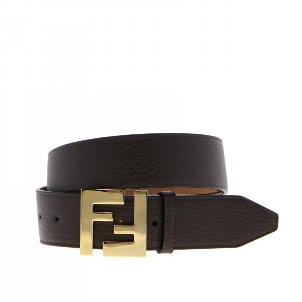FENDI: textured leather belt with FF buckle - Brown | Fendi belt 7C0403 ...