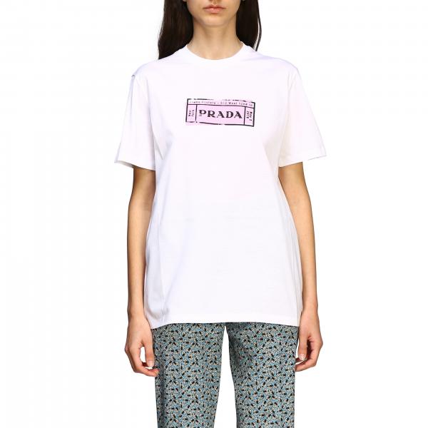 PRADA: t-shirt with front print - White | Prada t-shirt 35838 1V0E ...
