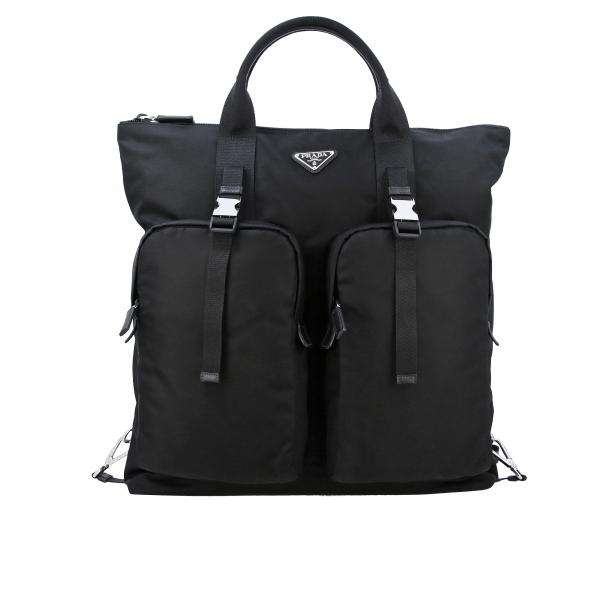 PRADA: nylon shopping bag / backpack with triangular logo - Black ...