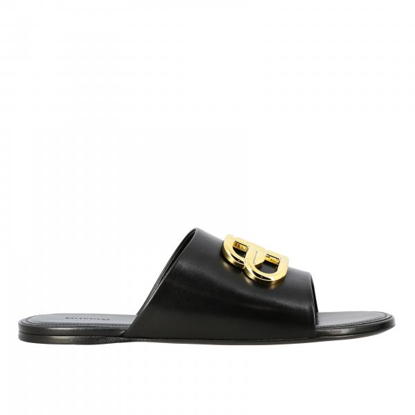 Balenciaga Outlet: Oval BB leather sandal - Black | Balenciaga flat ...