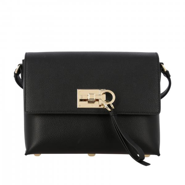 Ferragamo Outlet: shoulder bag in textured leather - Black | Ferragamo ...