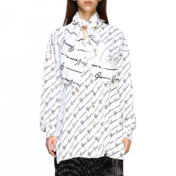 Versace Outlet Silk Shirt With All Over Signature And Maxi Scarf White Shirt Versace A85876 