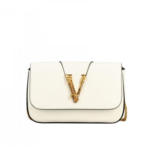 Versace Outlet: Virtus leather bag with monogram - White | Versace mini ...