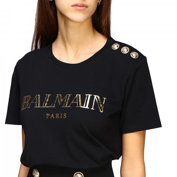 BALMAIN: T-shirt with logo and jewel buttons - Black 1 | T-Shirt ...