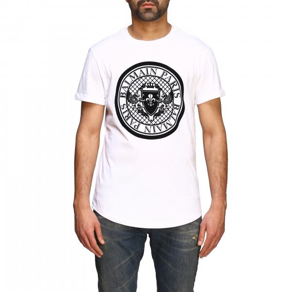 BALMAIN: short-sleeved T-shirt with flocked crest | T-Shirt Balmain Men ...