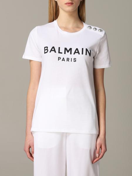 Balmain Outlet: short-sleeved T-shirt with logo and buttons - White ...