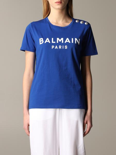 Balmain Outlet: short-sleeved T-shirt with logo and buttons - Royal ...