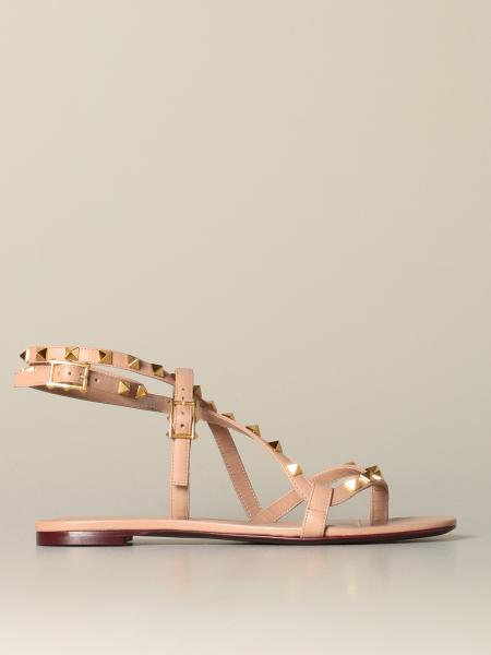 Valentino Garavani Outlet: leather Rockstud flat sandal Pink | Valentino Garavani flat sandals TW0S0X47 HYH online at GIGLIO.COM