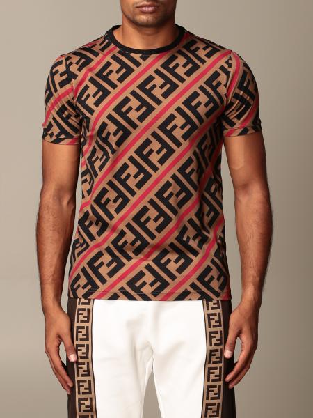 FENDI: cotton T-shirt with all-over FF logo - Beige | Fendi t-shirt ...