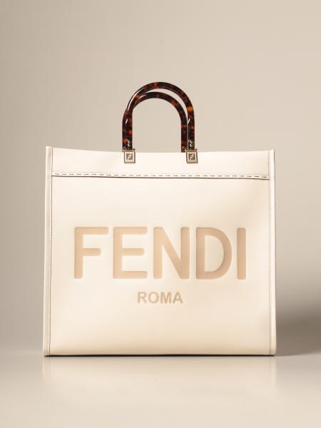 FENDI: leather shopping bag with big Roma logo - White