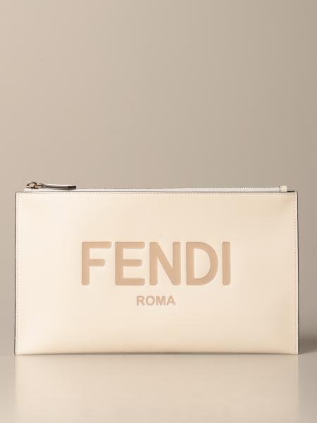 FENDI: Medium clutch bag in leather with logo - White | Fendi clutch ...