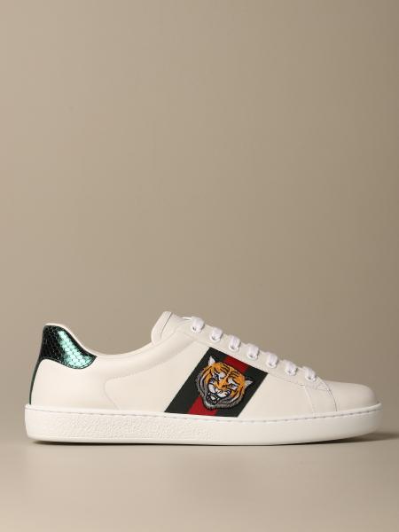 GUCCI: Ace leather sneakers with Web bands and tiger patch - White ...