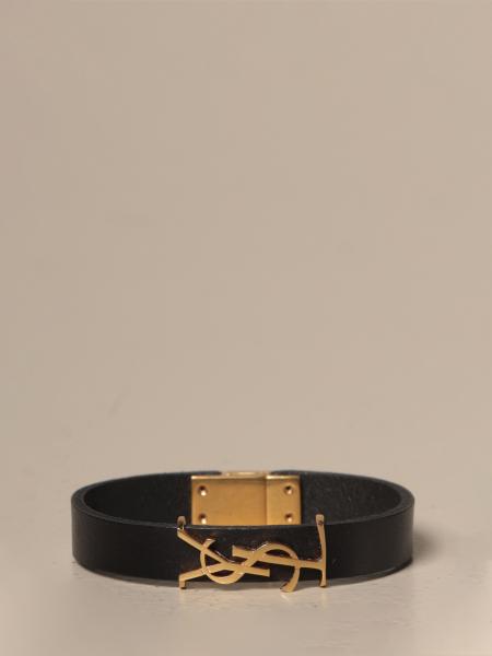 SAINT LAURENT: leather bracelet with monogram - Black
