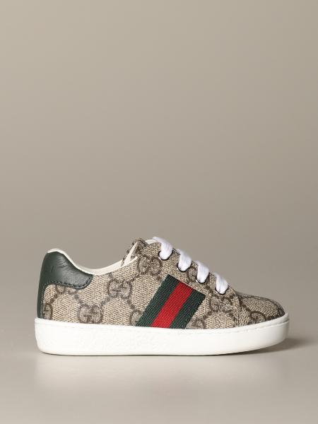 GUCCI: Ace sneakers with Web bands and GG Supreme print - Beige | Gucci ...
