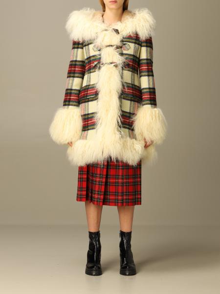 MIU MIU: coat in tartan wool and Mongolian lamb fur - Yellow Cream ...