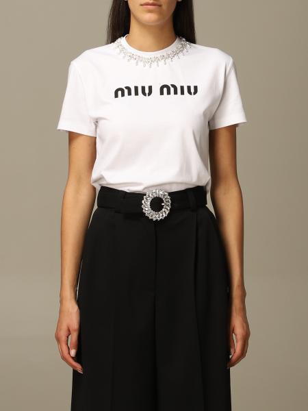 MIU MIU: t-shirt in cotton with logo and rhinestones - White | Miu Miu  t-shirt MJN234 1N98 online at GIGLIO.COM