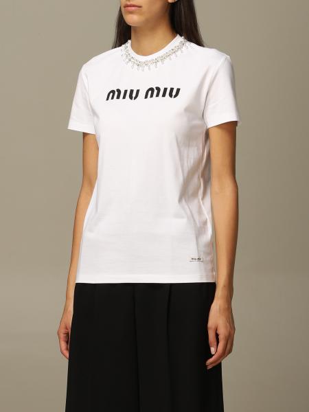 MIU MIU: t-shirt in cotton with logo and rhinestones | T-Shirt Miu Miu ...