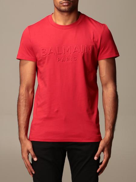 BALMAIN: cotton T-shirt with embossed logo - Red | Balmain t-shirt ...