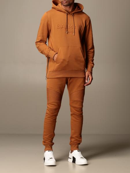 BALMAIN: sweatshirt with hood and embossed logo - Camel 