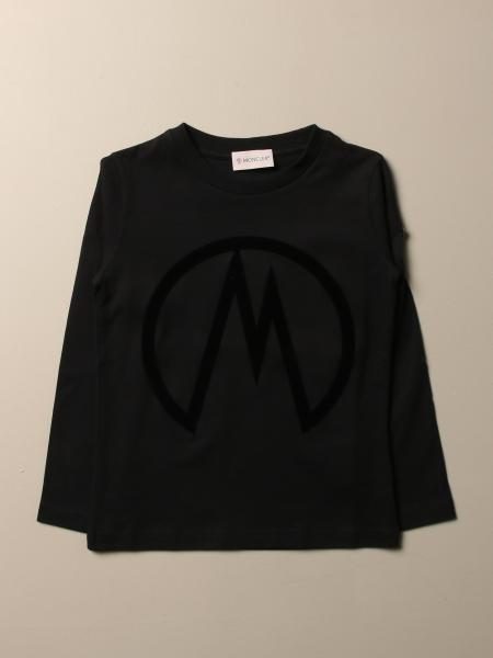 MONCLER: Maglia in cotone con logo flock - Nero | T-Shirt Moncler ...