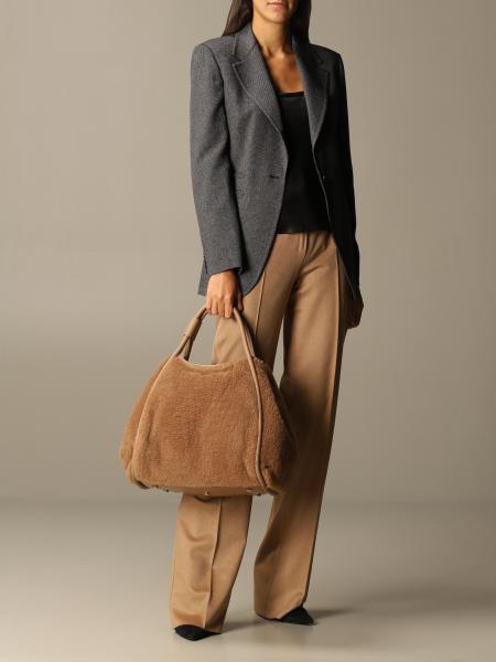 MAX MARA: teddy shopping bag in fur and leather - Camel | Max Mara tote ...