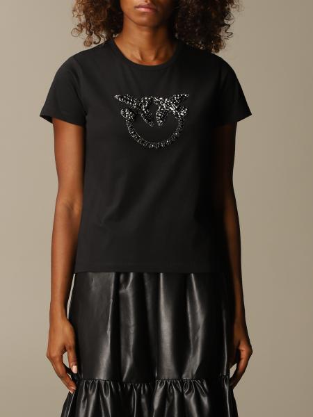 Pinko Outlet: Quentin cotton t-shirt with rhinestone logo - Black ...
