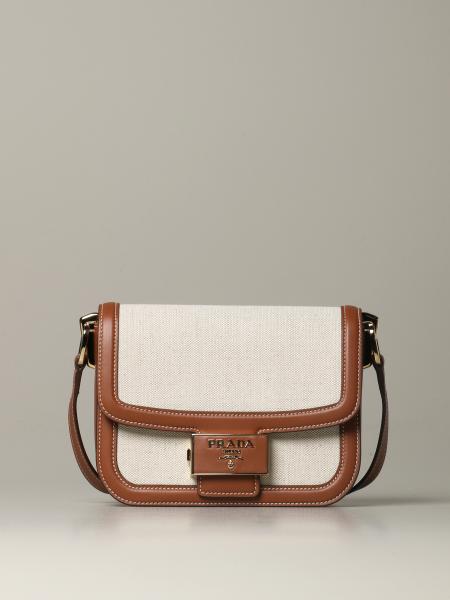 PRADA: shoulder bag in linen and leather - Beige  Prada crossbody bags  1BD257 2DLI online at