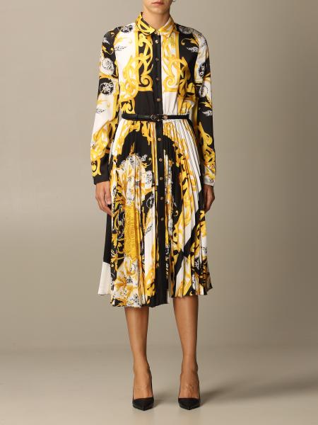 Versace Outlet: pleated shirt dress with Baroque Acanthus print - Gold ...