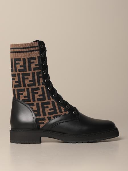 FENDI: ankle boot in leather and FF ribbed knit - Black | Fendi flat ...