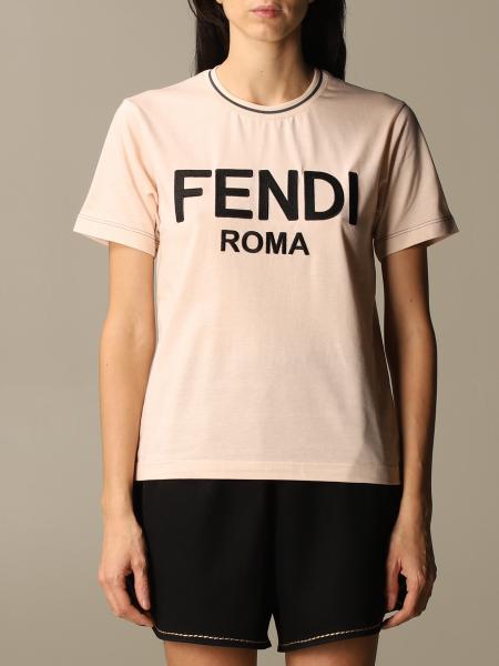 FENDI: cotton T-shirt with logo - Pink | Fendi t-shirt FS7254 AC6B ...