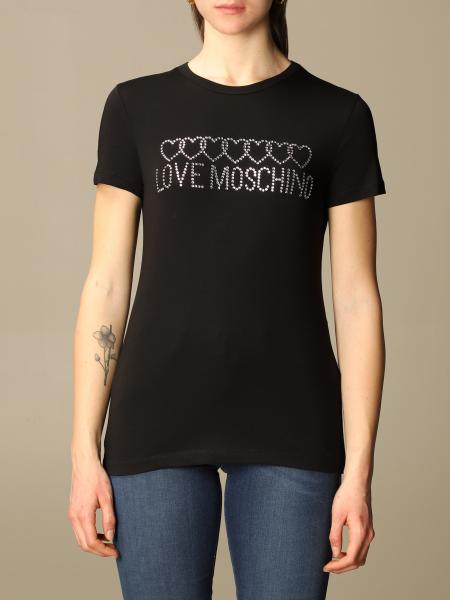 LOVE MOSCHINO: T-shirt with rhinestone logo - Black | Love Moschino t ...