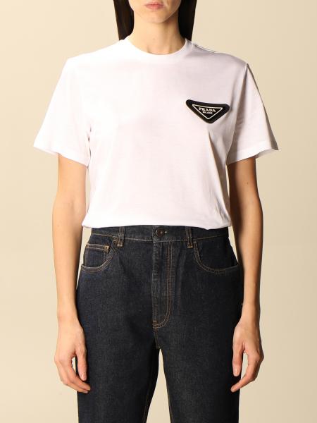 PRADA: cropped cotton T-shirt with triangular logo - White | Prada t-shirt  35838 1X58 online on 