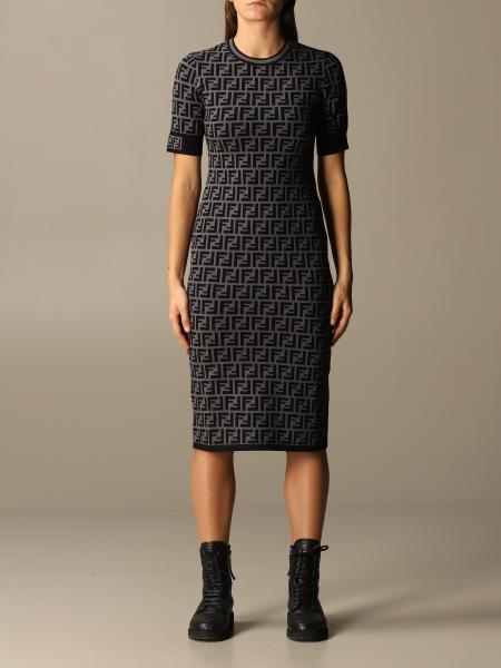 FENDI: midi dress with all-over FF logo - Grey | Fendi dress FZD753 ...