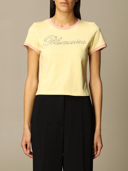 BLUMARINE: cotton T-shirt with rhinestone logo - Yellow | Blumarine t ...