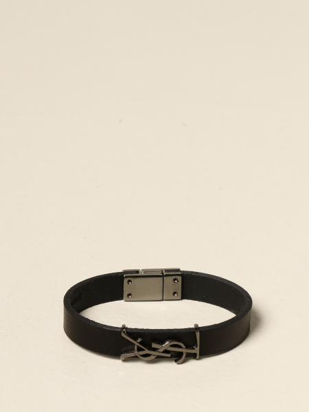 SAINT LAURENT: leather bracelet with applied monogram - Black