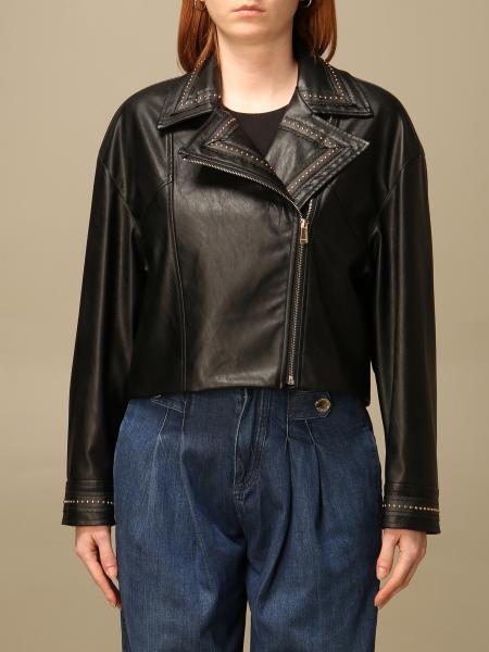Tired faux leather biker jacket with belt
